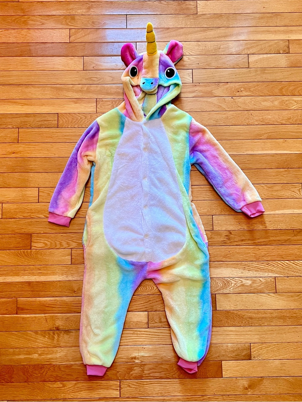 🦄 Sz 6 Girls Rainbow Unicorn One-Piece Pajamas - Plush Hooded Onesie